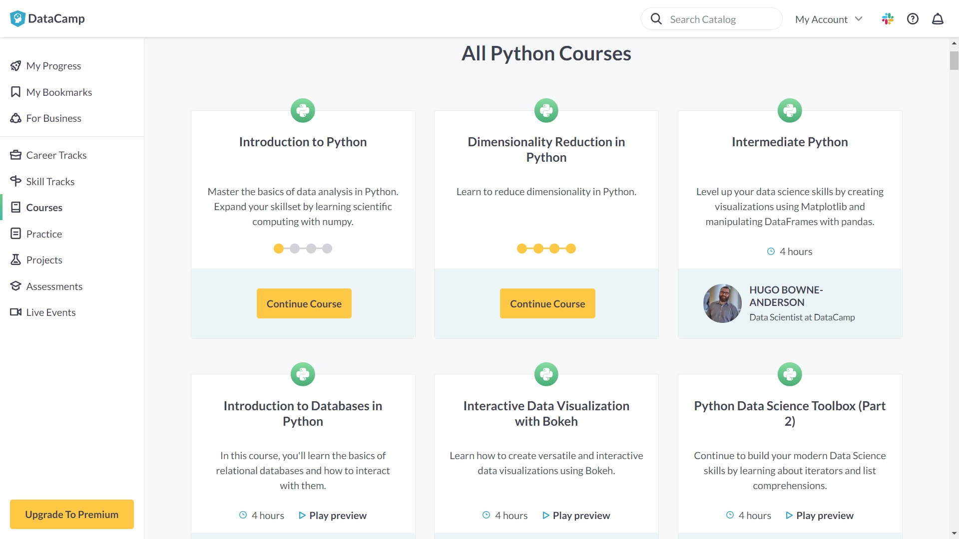 DataCampin kurssien aloitusnäkymä. Listaukseen suodatettu vain Python-kurssit. DataCampin kurssien aloitusnäkymä. Listaukseen suodatettu vain Python-kurssit.