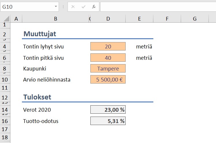 Kuvitteellinen Excel-laskuri, johon kiinteistösijoittaja syöttää lähtötietoja. Tulokset vietäisiin tietojärjestelmään osittain automatisoidusti. Kuvitteellinen Excel-laskuri, johon kiinteistösijoittaja syöttää lähtötietoja. Tulokset vietäisiin tietojärjestelmään osittain automatisoidusti.