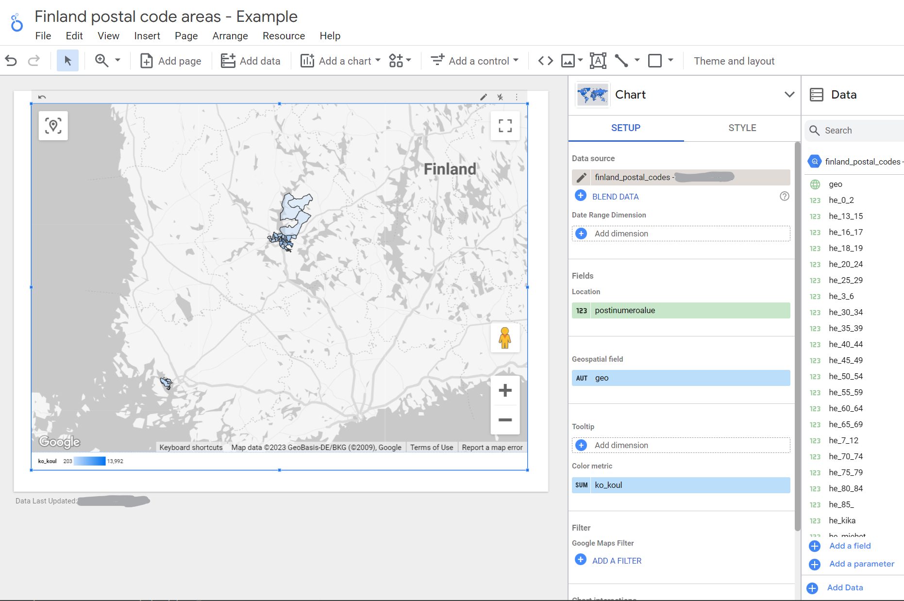 Suomen postinumeroiden esimerkkidata Looker Studion karttavisualisoinnissa. Suomen postinumeroiden esimerkkidata Looker Studion karttavisualisoinnissa.