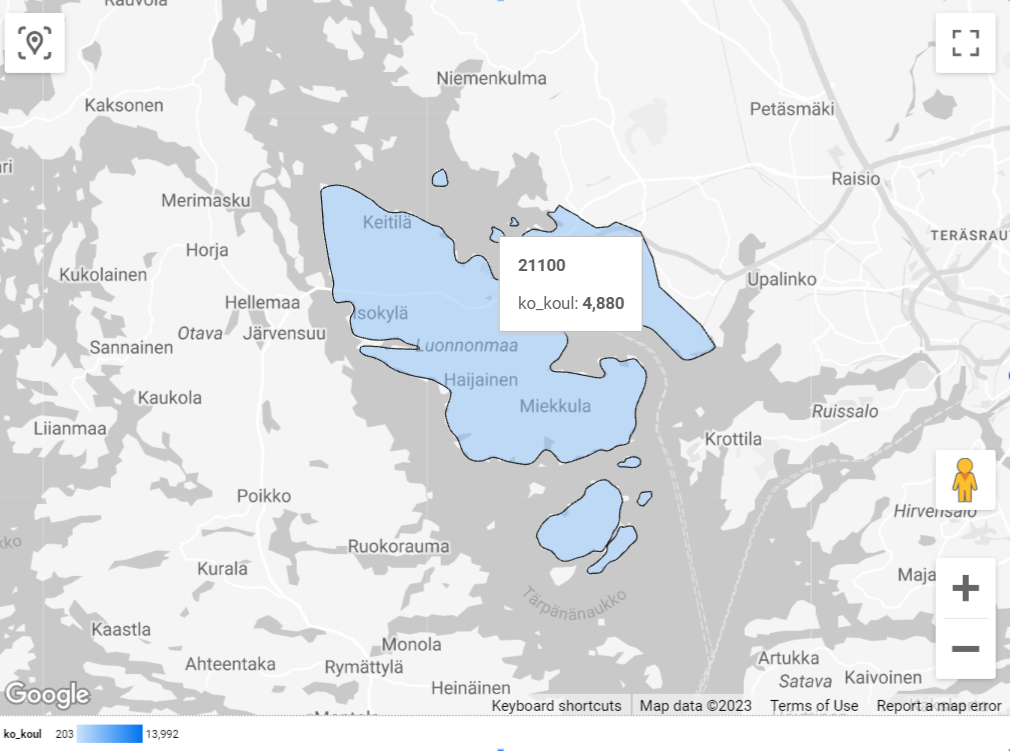 Lähempää näet, että visualisointi toimii myös useasta monikulmiosta muodostuvalla postinumeroalueella. Lähempää näet, että visualisointi toimii myös useasta monikulmiosta muodostuvalla postinumeroalueella.