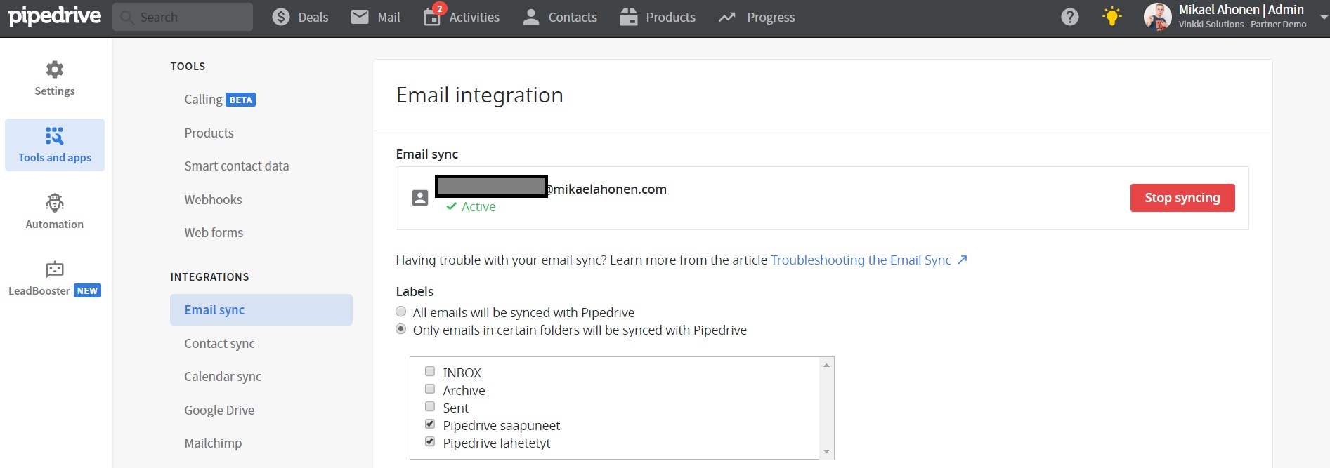 You can select email folders to sync when integrating the email account to Pipedrive. You can select email folders to sync when integrating the email account to Pipedrive.