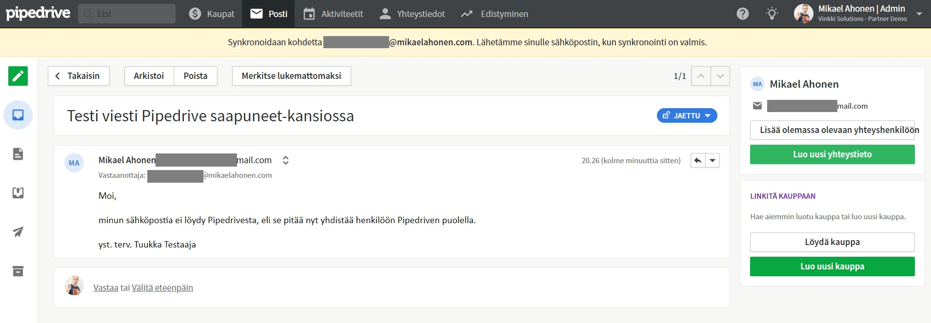 Pipedrive Advanced-versiossa sähköpostien hallinta on huomattavasti sujuvampaa. Pipedrive Advanced-versiossa sähköpostien hallinta on huomattavasti sujuvampaa.