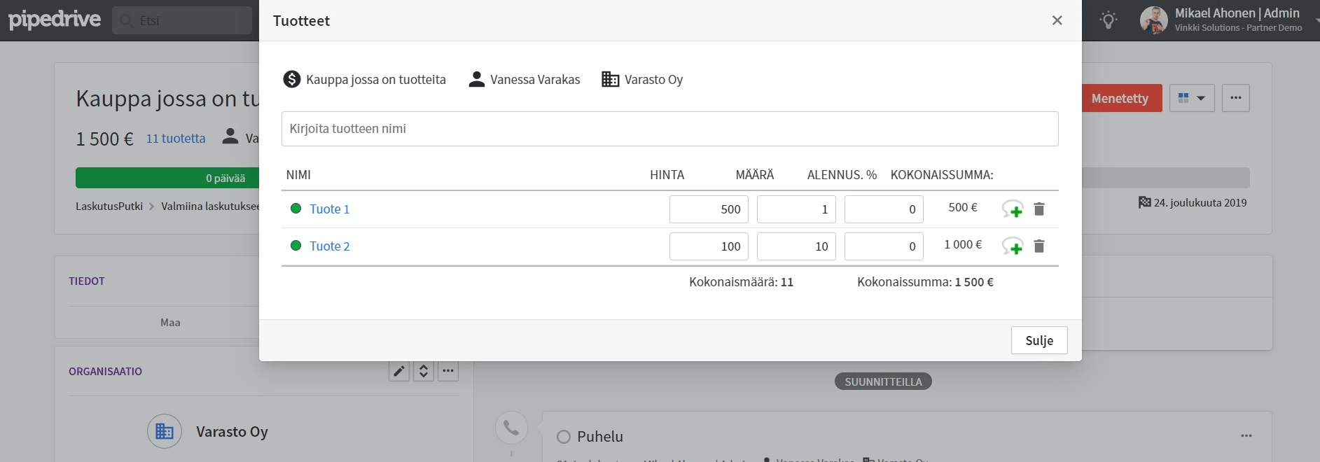 Pipedrive Advanced mahdollistaa tuotekohtaisen hinnoittelun kaupalle. Pipedrive Advanced mahdollistaa tuotekohtaisen hinnoittelun kaupalle.