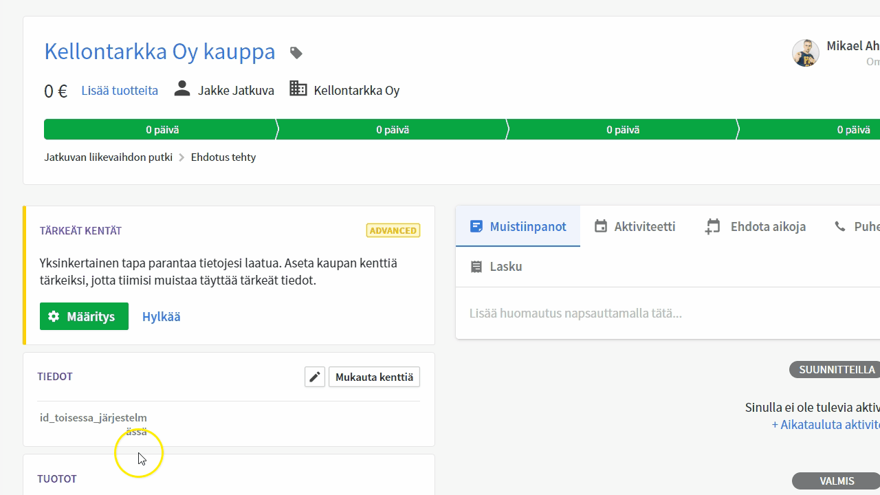 Jatkuva laskutussopimus luodaan Pipedrivessa yksittäisen kaupan näkymässä. Jatkuva laskutussopimus luodaan Pipedrivessa yksittäisen kaupan näkymässä.
