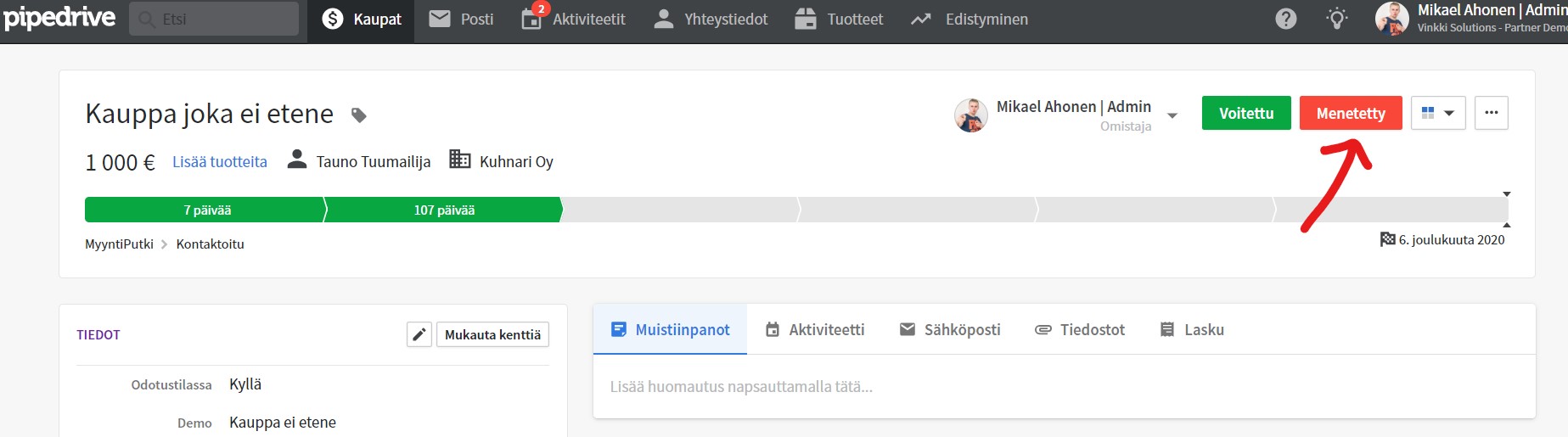 Kauppa voidaan merkitä Pipedrivessa menetetyksi, mikäli se ei todennäköisesti tule etenemmän. Kauppa voidaan merkitä Pipedrivessa menetetyksi, mikäli se ei todennäköisesti tule etenemmän.