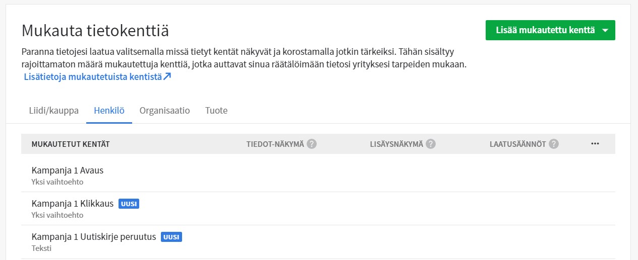 Mailchimpin sähköpostikampanjan tiedoille voidaan luoda lisätietokenttiä Pipedrivessa. Mailchimpin sähköpostikampanjan tiedoille voidaan luoda lisätietokenttiä Pipedrivessa.