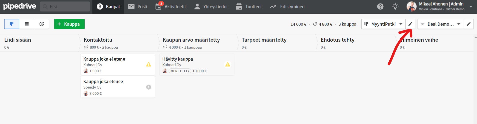 Siirry muokkaamaan Pipedriven myyntiputkea. Siirry muokkaamaan Pipedriven myyntiputkea.