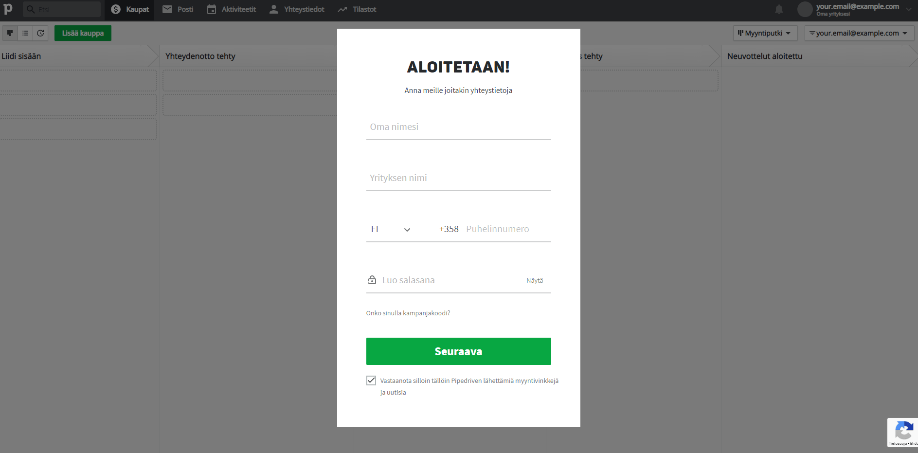 3. Klikkaa Pipedriven lomakkeesta tekstiä 'Onko sinulla kampanjakoodi?'. 3. Klikkaa Pipedriven lomakkeesta tekstiä 'Onko sinulla kampanjakoodi?'.