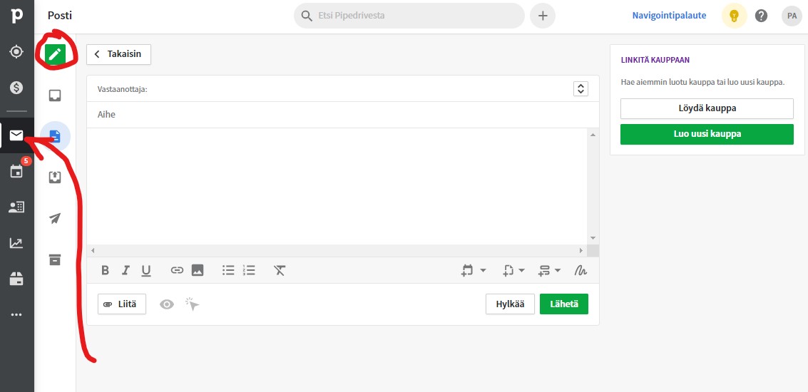 Sähköpostin kirjoittaminen Pipedrive Posti-osiosta uudessa navigoinnissa. Sähköpostin kirjoittaminen Pipedrive Posti-osiosta uudessa navigoinnissa.