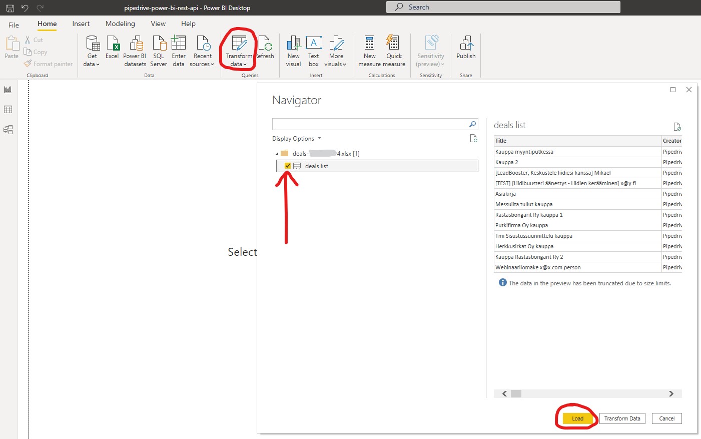 Valitse ladattava taulukko ja klikkaa Load. Kun Power BI on hakenut datan Excel-tiedostosta, pääset halutessassi muokkaamaan dataa ylävalikon 'Transform data' painikkeesta. Valitse ladattava taulukko ja klikkaa Load. Kun Power BI on hakenut datan Excel-tiedostosta, pääset halutessassi muokkaamaan dataa ylävalikon 'Transform data' painikkeesta.