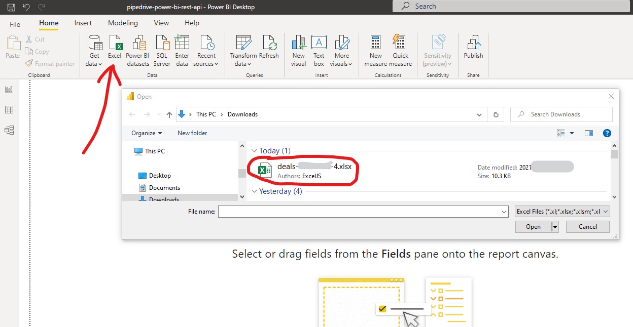 Valitse Power BI:ssä tuontitavaksi Excel, ja valitse oikea tiedosto. Valitse Power BI:ssä tuontitavaksi Excel, ja valitse oikea tiedosto.