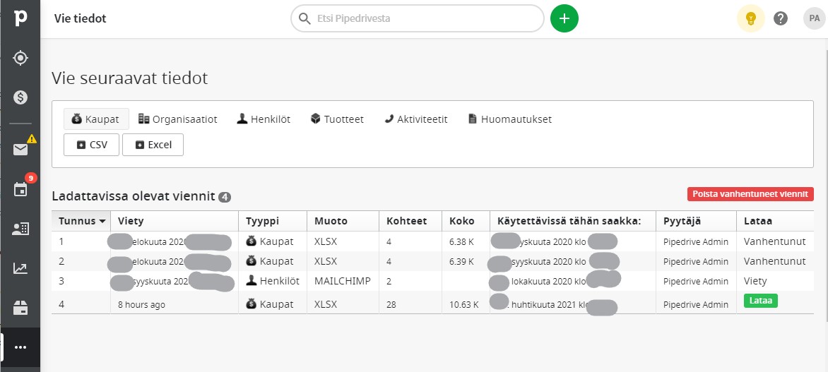 Datan vienti Pipedrivesta Excel-tiedostoina raportointia varten. Datan vienti Pipedrivesta Excel-tiedostoina raportointia varten.