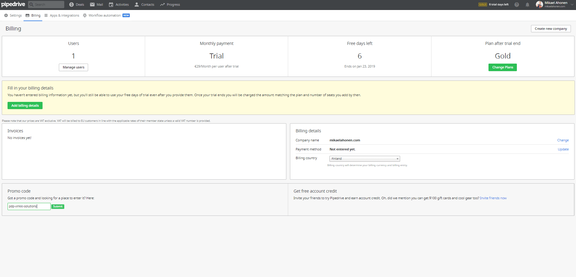 2. Enter the Pipedrive promo code to the 'Promo code' field in bottom left corner of Billing settings. Click 'Submit' to redeem. 2. Enter the Pipedrive promo code to the 'Promo code' field in bottom left corner of Billing settings. Click 'Submit' to redeem.