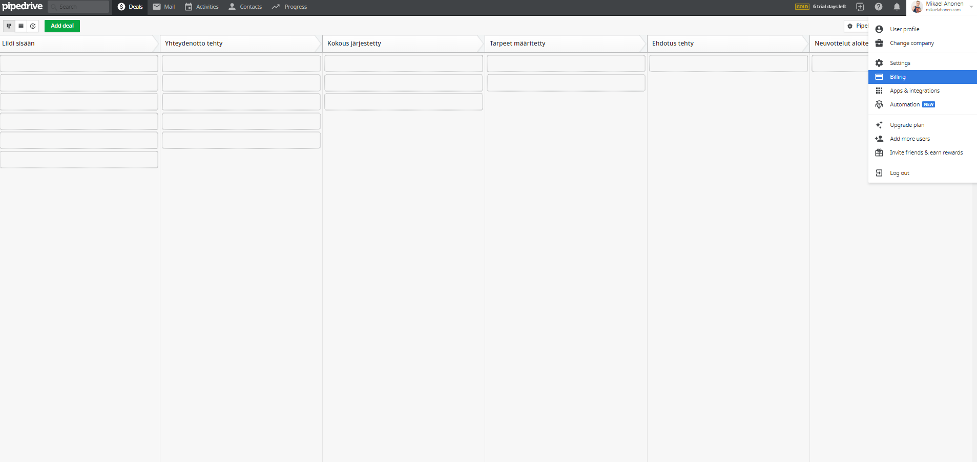 1. Click the menu from the top right corner of Pipedrive. Choose 'Billing'. 1. Click the menu from the top right corner of Pipedrive. Choose 'Billing'.