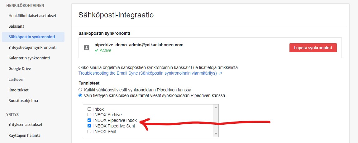 Valitse aiemmin luodut kansiot synkronoitavaksi Pipedrive sähköpostiasetuksista. Valitse aiemmin luodut kansiot synkronoitavaksi Pipedrive sähköpostiasetuksista.