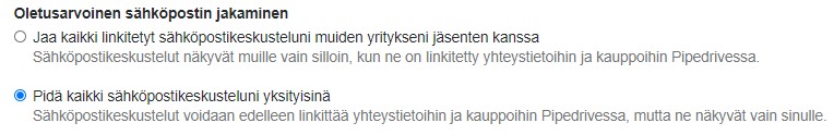 Sähköpostiviestien näkyvyyden voi asettaa Pipedrivessa yksityiseksi. Sähköpostiviestien näkyvyyden voi asettaa Pipedrivessa yksityiseksi.