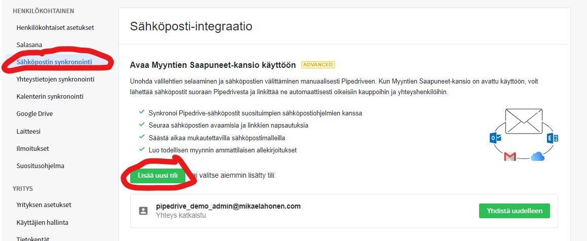 Asetuksista löytyy Sähköpostin synkronointi. Klikkaa Lisää uusi tili-napista. Asetuksista löytyy Sähköpostin synkronointi. Klikkaa Lisää uusi tili-napista.