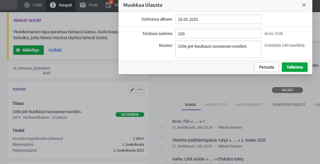 Pipedriven jatkuvasta tilauksesta voi muokata vain tiettyjä tietoja. Pipedriven jatkuvasta tilauksesta voi muokata vain tiettyjä tietoja.