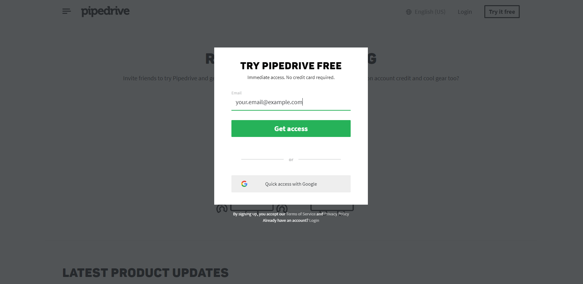 2. Enter an email address for your new Pipedrive account and click 'Get access'. The email can be changed later. 2. Enter an email address for your new Pipedrive account and click 'Get access'. The email can be changed later.