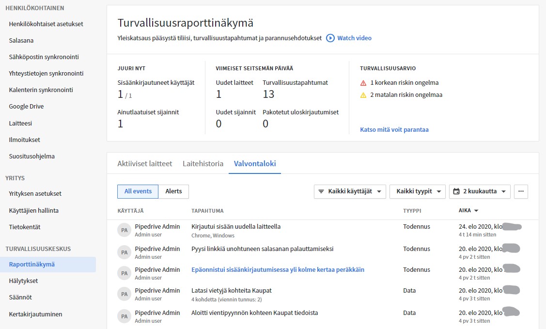 Pipedriven raporttinäkymä turvallisuuskeskuksessa. Valvontalokista näkee viimeaikaiset tapahtumat. Pipedriven raporttinäkymä turvallisuuskeskuksessa. Valvontalokista näkee viimeaikaiset tapahtumat.