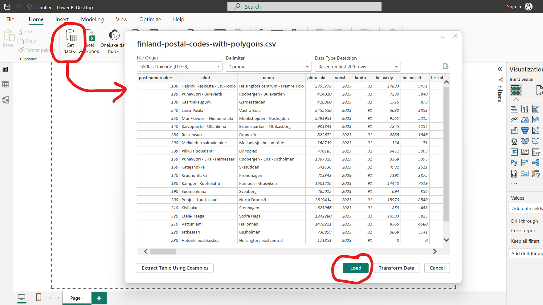 Postinumerodatan lataaminen Power BI:ssa. Postinumerodatan lataaminen Power BI:ssa.