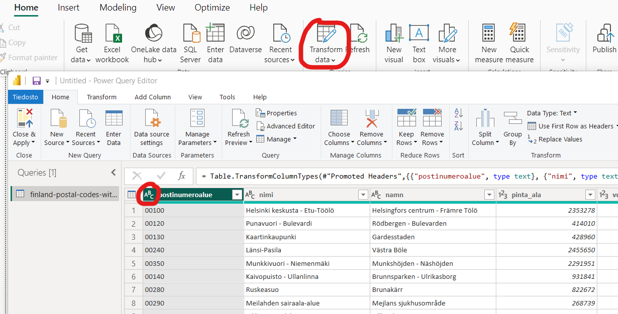 Power BI:n kyselyeditorissa voisi lisäksi laskea uuteen sarakkeeseen esimerkiksi eläkeläisten eläkeläisten prosentuaalisen osuuden koko väestöstä. Muunna postinumero-sarake teksti-tyypiksi.