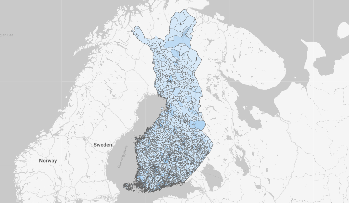 Kaikki Suomen postinumeroalueet Google Looker Studiolla visualisoituna. Kaikki Suomen postinumeroalueet Google Looker Studiolla visualisoituna.