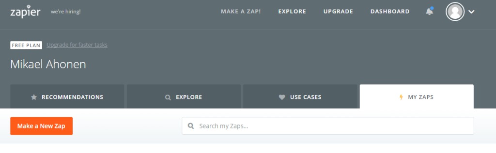 Klikkaa ’Make a new Zap’ Klikkaa ’Make a new Zap’